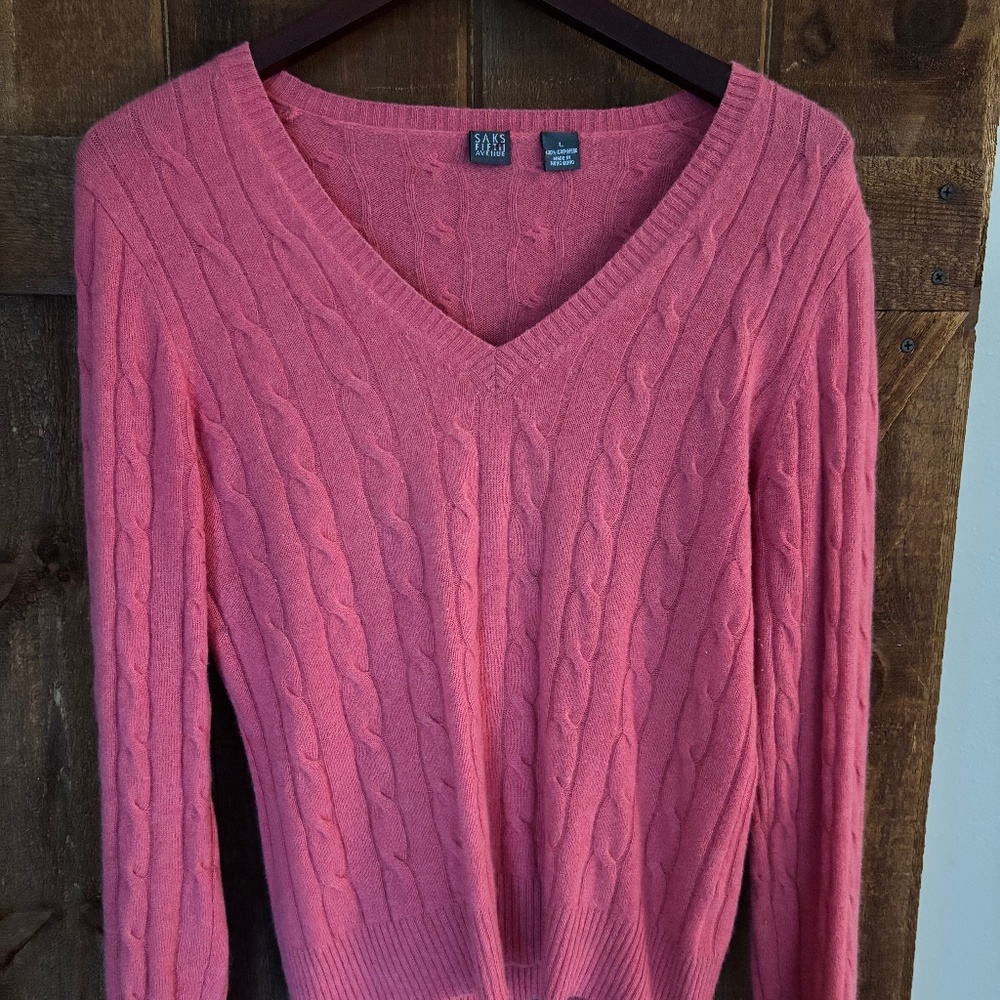 Saks 5th Avenue Cashmere V Neck Cable Knit Sweater - Size L